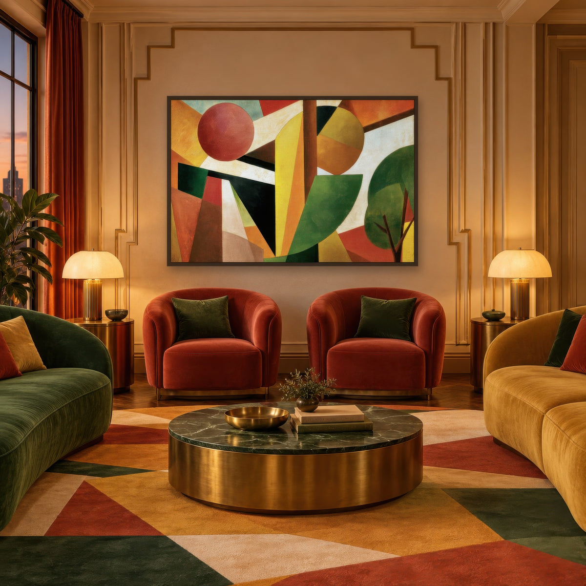 Cubist Sunrise Landscape art deco wall art in a den