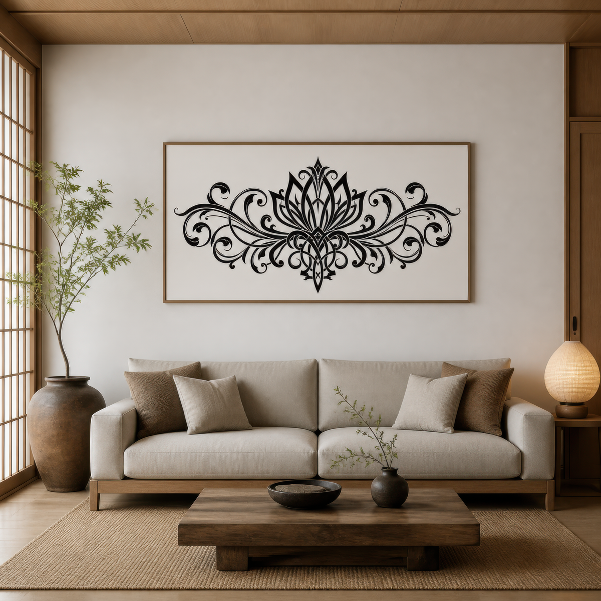 Black lotus scrollwork above a cream sofa with linen pillows and a chunky wood table