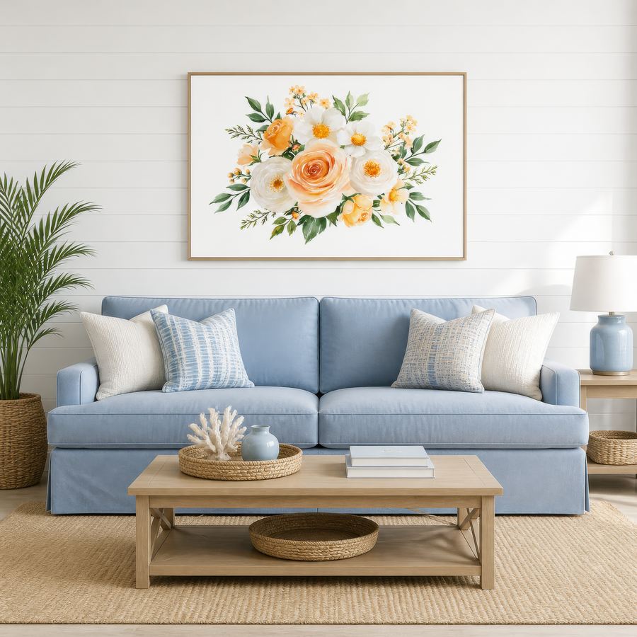 Peach Rose and Daisy Bouquet – Watercolor Floral Wall Art