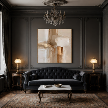 Square gold and copper abstract artwork above a black tufted sofa on a dark paneled wall
