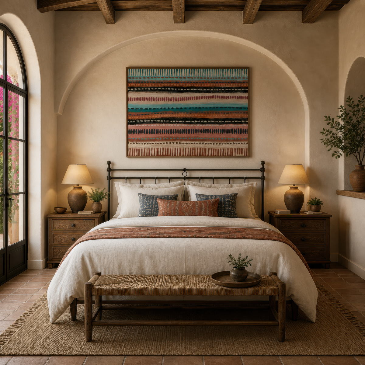 Teal and terracotta dash stripe artwork above a bed with striped bedding and two lamps