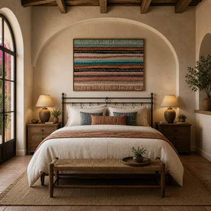 Teal and terracotta dash stripe artwork above a bed with striped bedding and two lamps