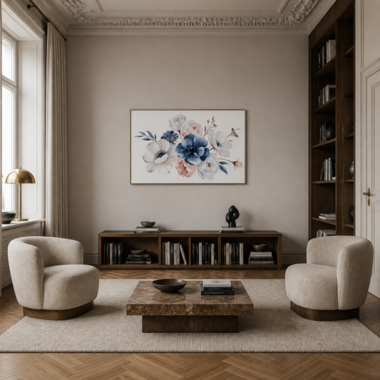 Blue Anemone Bouquet wall art print, alternate room view
