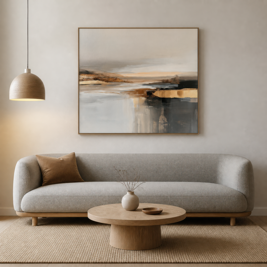 Large neutral horizon abstract artwork above a gray curved sofa with a round wooden table