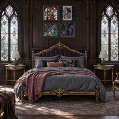 Four-Panel Bleeding Heart Illustration Set vamp romantic wall art in a bedroom