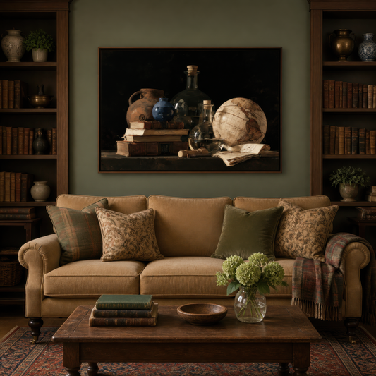 Midnight manuscript above a camel rolled arm sofa on an olive wall between dark bookcases