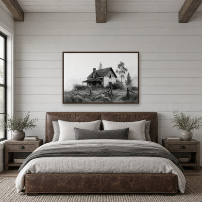 Foggy Farmhouse Cabin farmhouse wall art in a bedroom