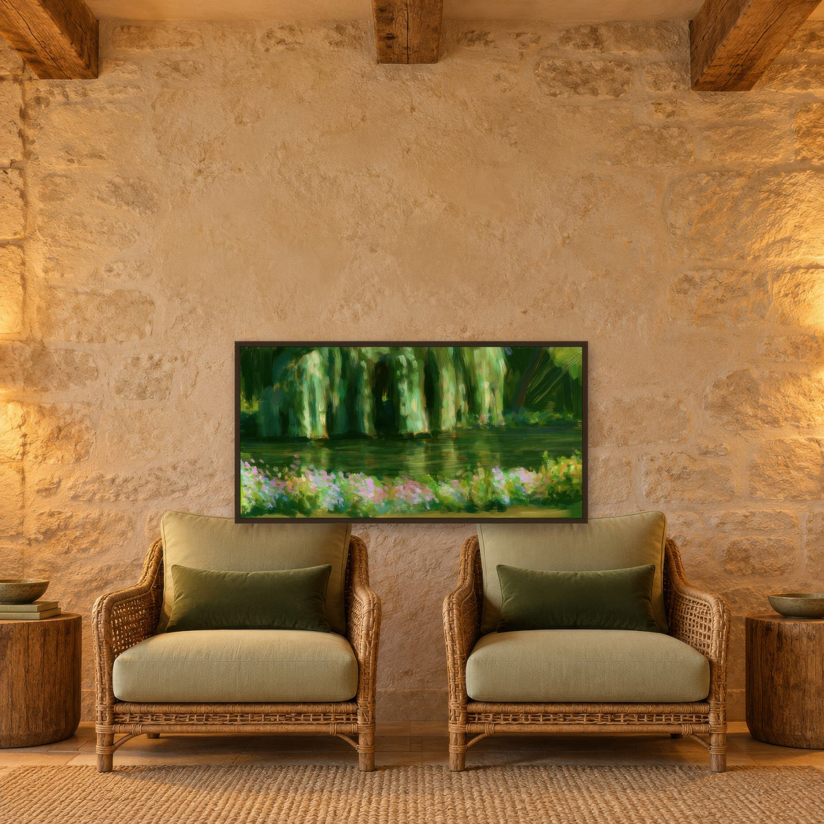 Willow Pond with Pink Blossom Bank – Impressionist Wall Art