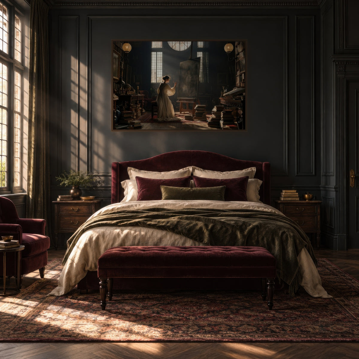 Morning in the Studio dark academia wall art in a bedroom