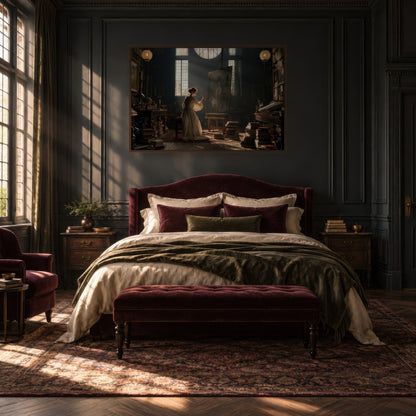 Morning in the Studio dark academia wall art in a bedroom
