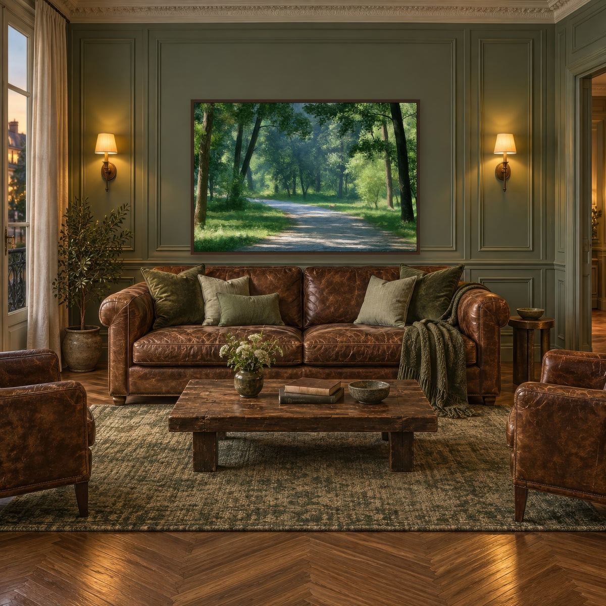 Sunlit Forest Path impressionist wall art in a living room