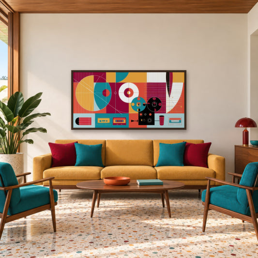 Geometric Retro Tape Deck Abstract mid-century modern wall art in a living room