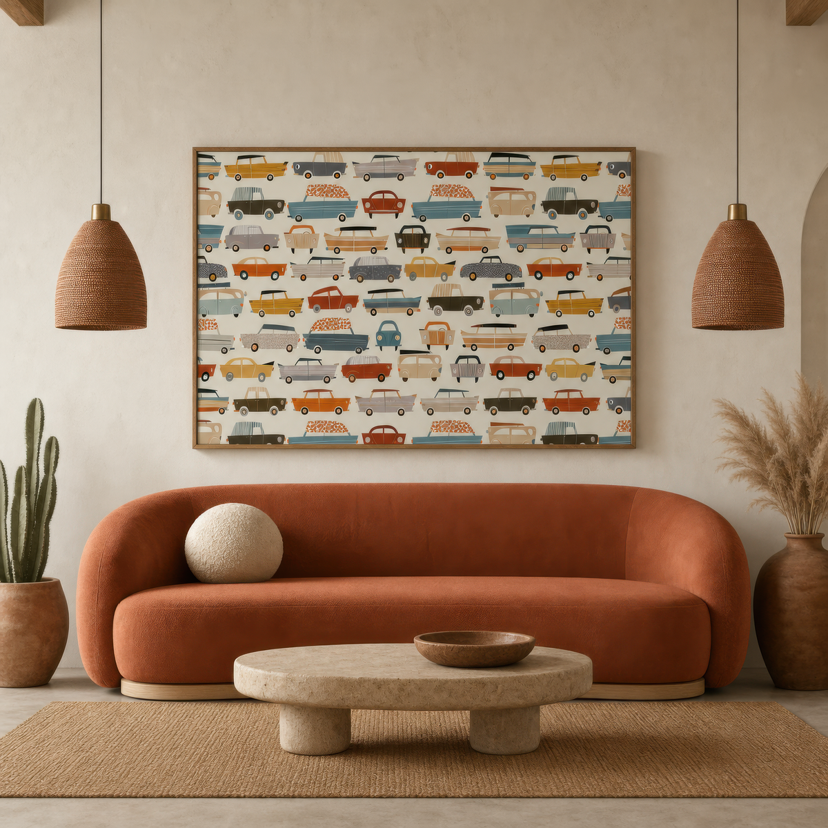 Vintage Car Grid Pattern wall art print staged in a room