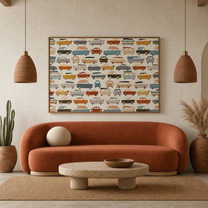 Vintage Car Grid Pattern wall art print staged in a room