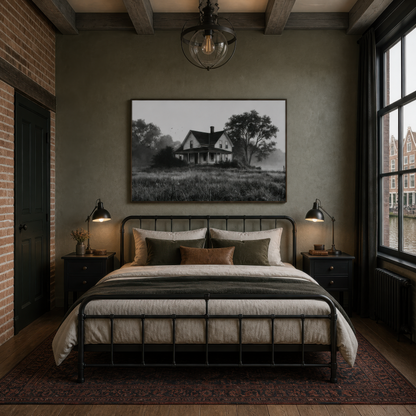 Farmhouse in a quiet meadow above a black iron bed with cream bedding on an olive green wall