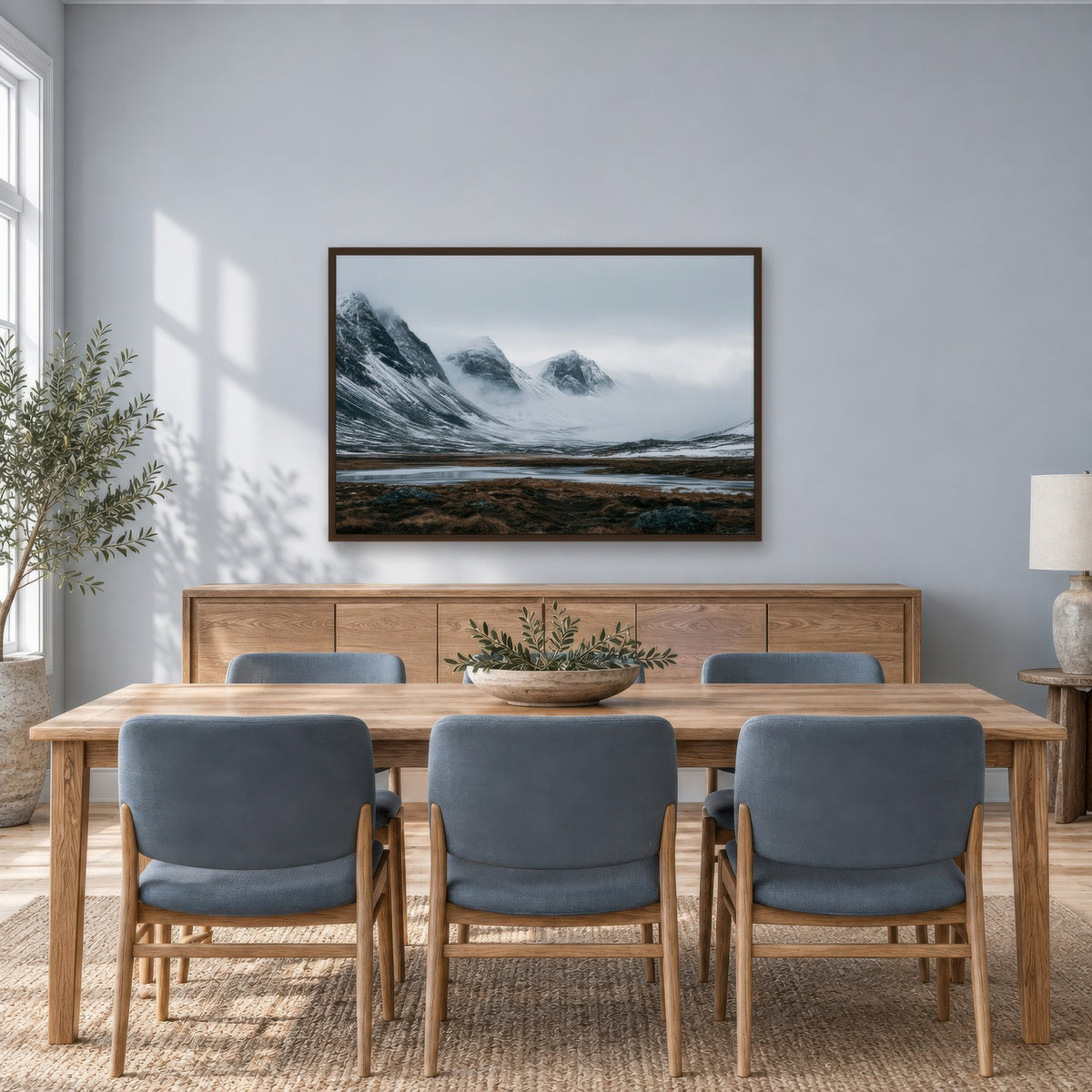 Foggy Snow-Covered Mountain Valley scandinavian wall art in a dining room