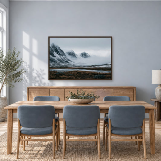 Foggy Snow-Covered Mountain Valley scandinavian wall art in a dining room