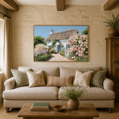 Rose garden cottage above a beige sofa with floral pillows on a cream plaster wall with wood beams