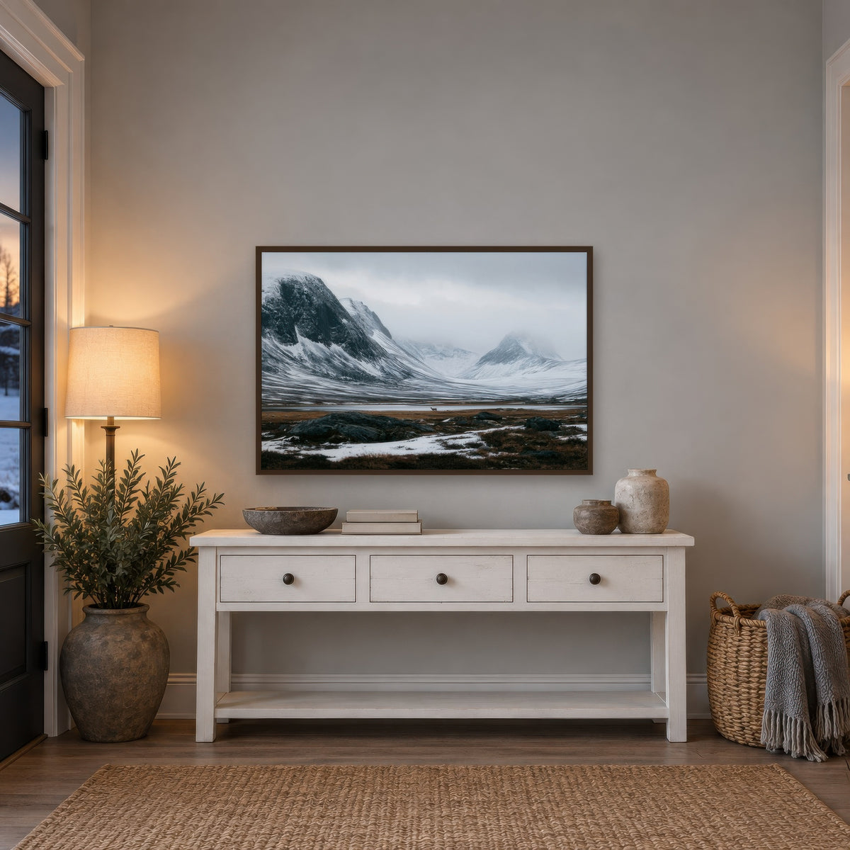 Snowy Mountain Valley with a Lone Deer scandinavian wall art in an entryway