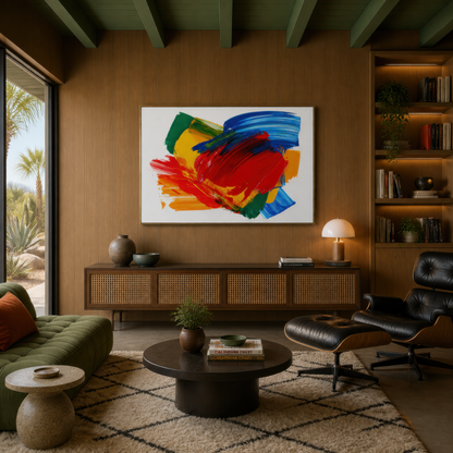 Vivid frequency above a cane credenza with a black leather lounge chair and bookshelves