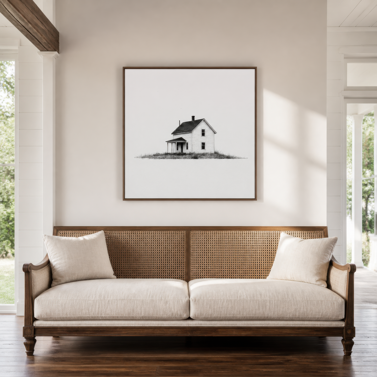Two-story farmhouse with a corner porch above a cream sofa with a cane back and wood frame