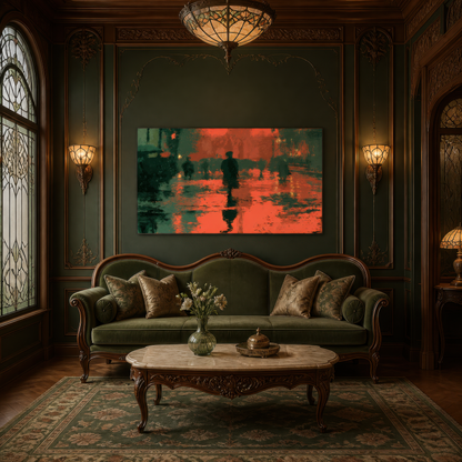 Crimson street at night above a carved antique settee in a dark green panelled room