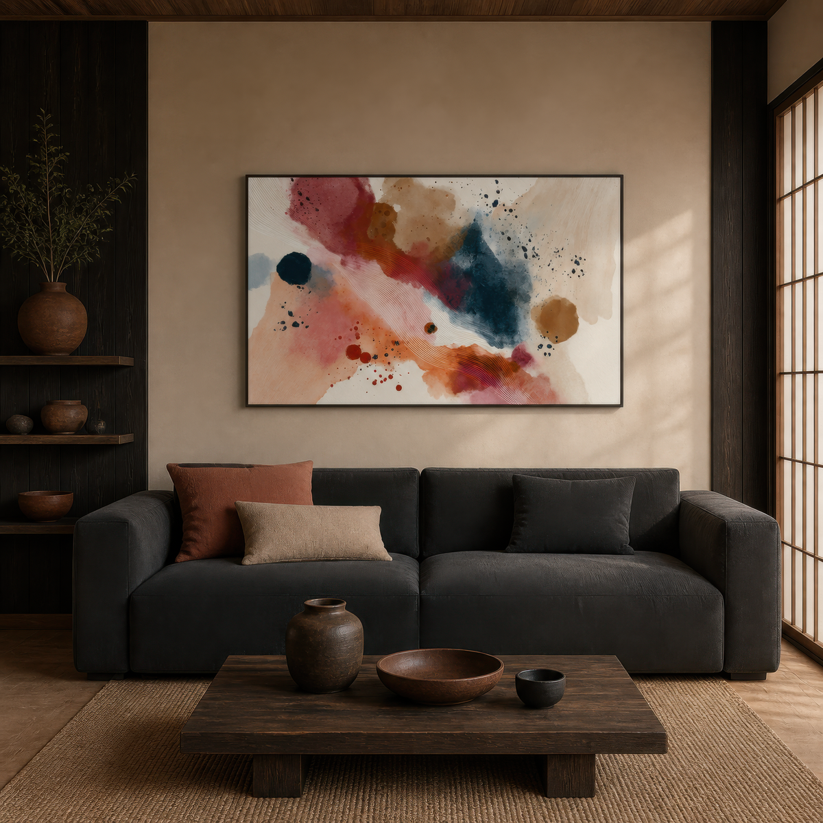 Watercolor splash abstract above a charcoal sofa with a low dark wood coffee table
