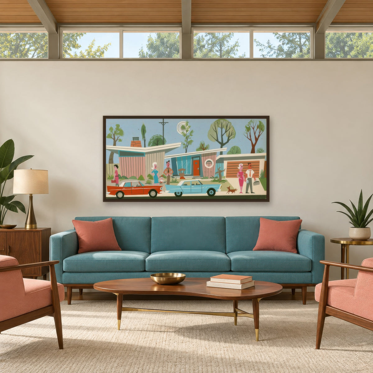 Retro Suburban Neighborhood Illustration mid-century modern wall art in a living room
