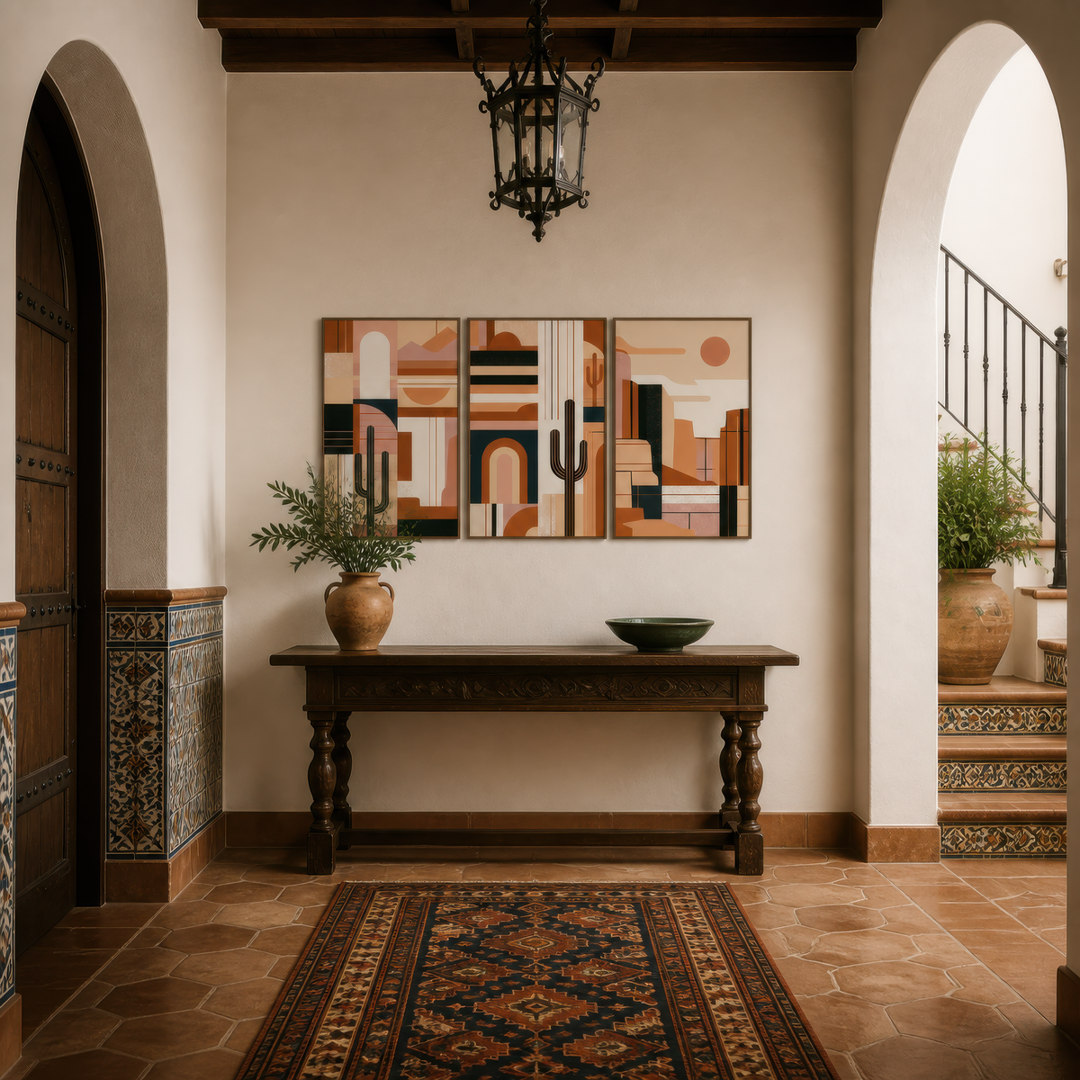 Abstract Desert Triptych with Cacti wall art print, alternate room view