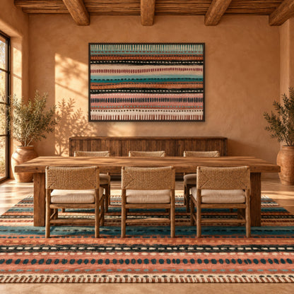 Dash Stripes in Teal and Terracotta boho wall art in a dining room