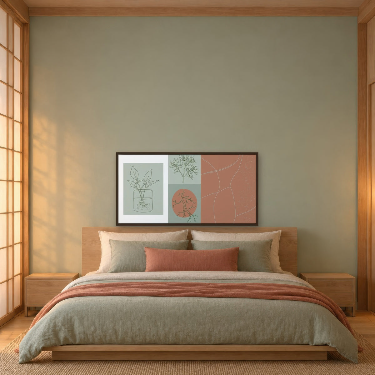 Sage and Clay Botanical Panel japandi wall art in a bedroom