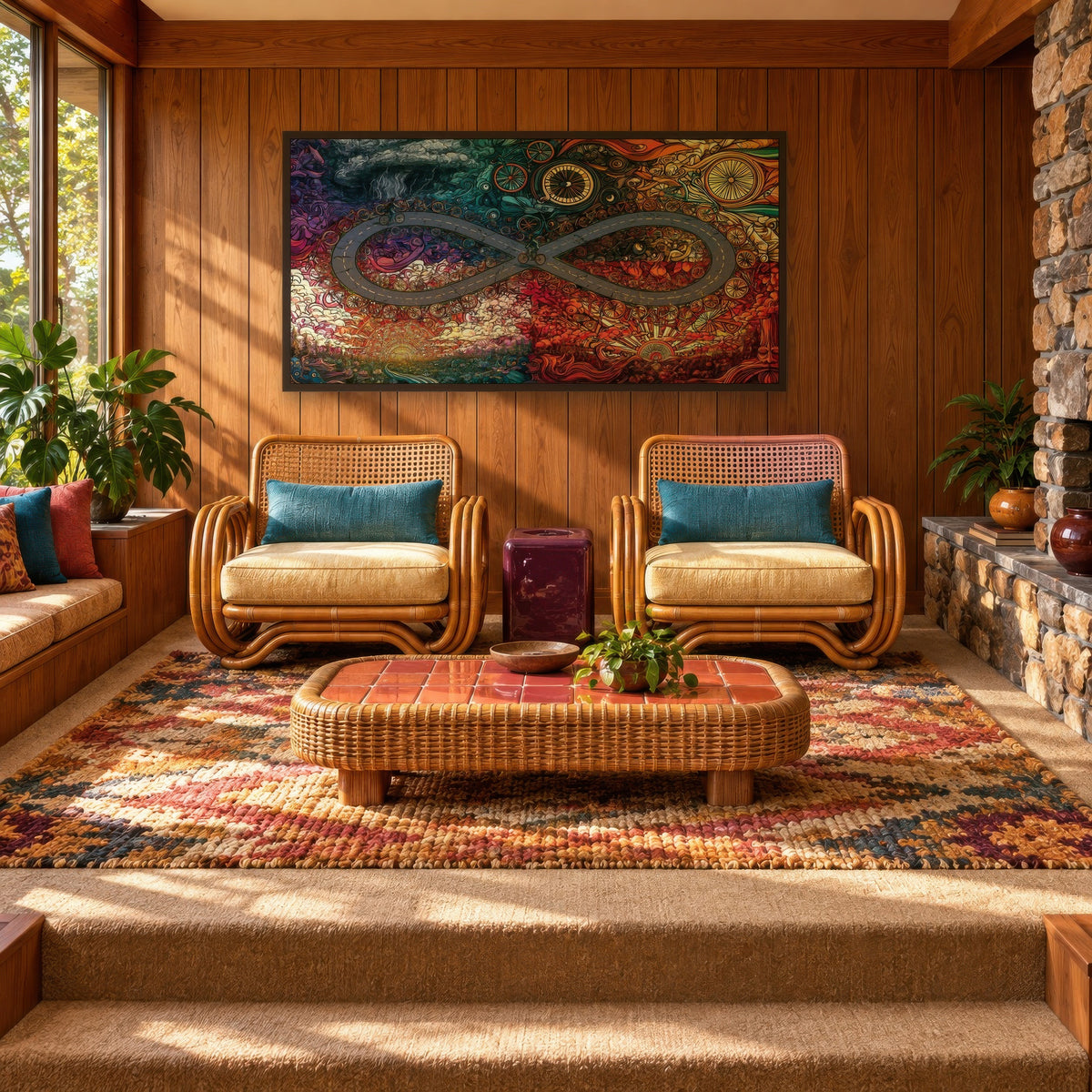 Spoke and Storm psychedelic wall art in a den
