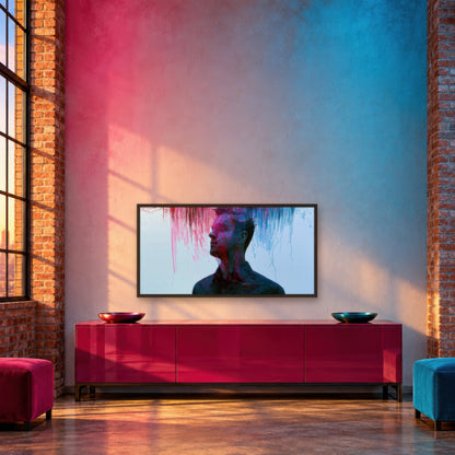 Color Drip Profile in Pink and Teal abstract portrait wall art in an entryway