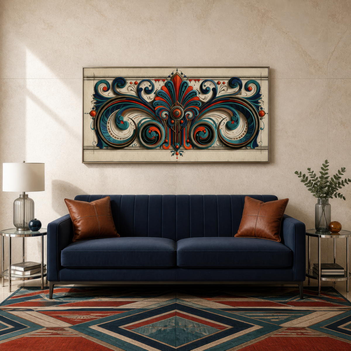 Ornate deco scrollwork above a navy sofa with rust pillows and a geometric rug