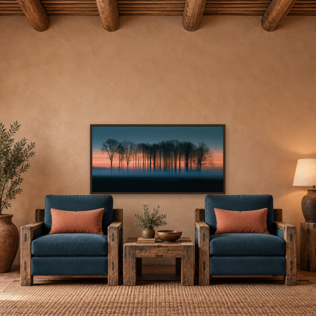 Misty Treeline at Dusk landscape wall art in a den