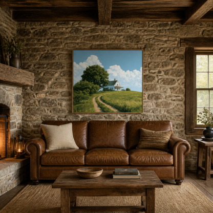 Farmhouse hillside path above a brown leather sofa on a rough stone wall with a fireplace