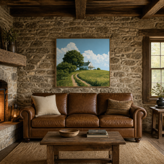 Farmhouse hillside path above a brown leather sofa on a rough stone wall with a fireplace