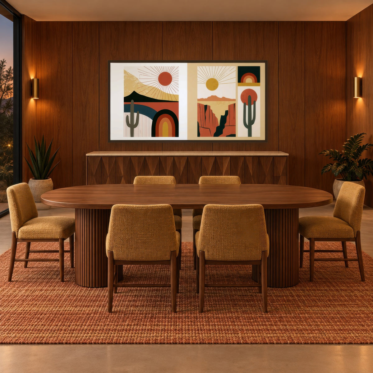 Desert Sunrise Diptych mid-century modern wall art in a dining room
