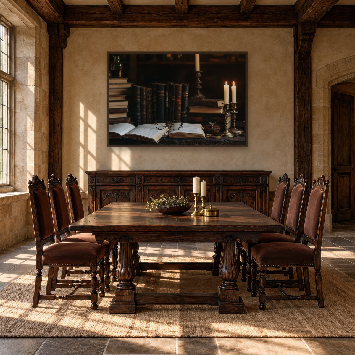 Candlelit Folio dark academia wall art in a dining room
