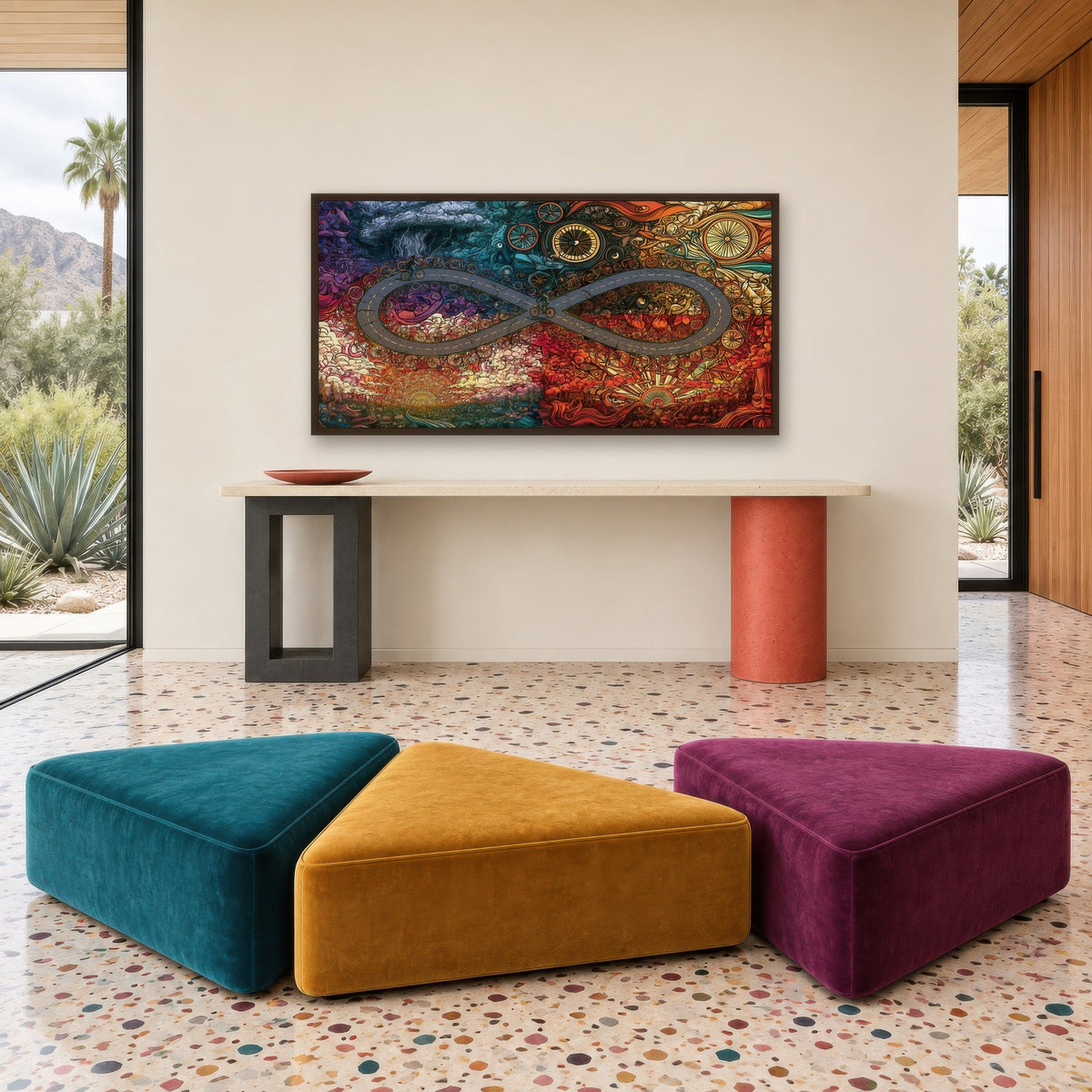 Spoke and Storm psychedelic wall art in an entryway