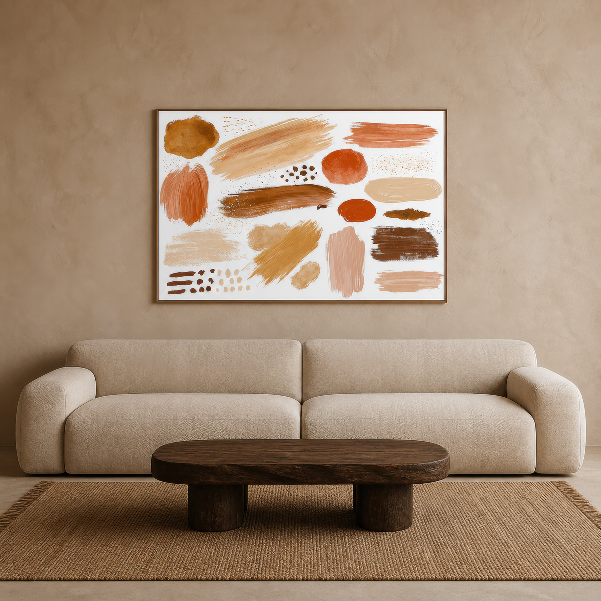 Wandering brushstroke artwork above a cream sofa on a terracotta plaster wall