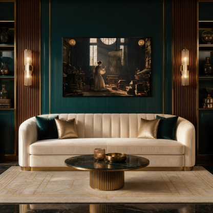 Morning in the studio above a cream curved channel sofa on a teal panelled wall with sconces