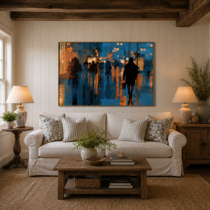 Rainy city nightscape above a white slipcovered sofa on a cream plank wall with two table lamps