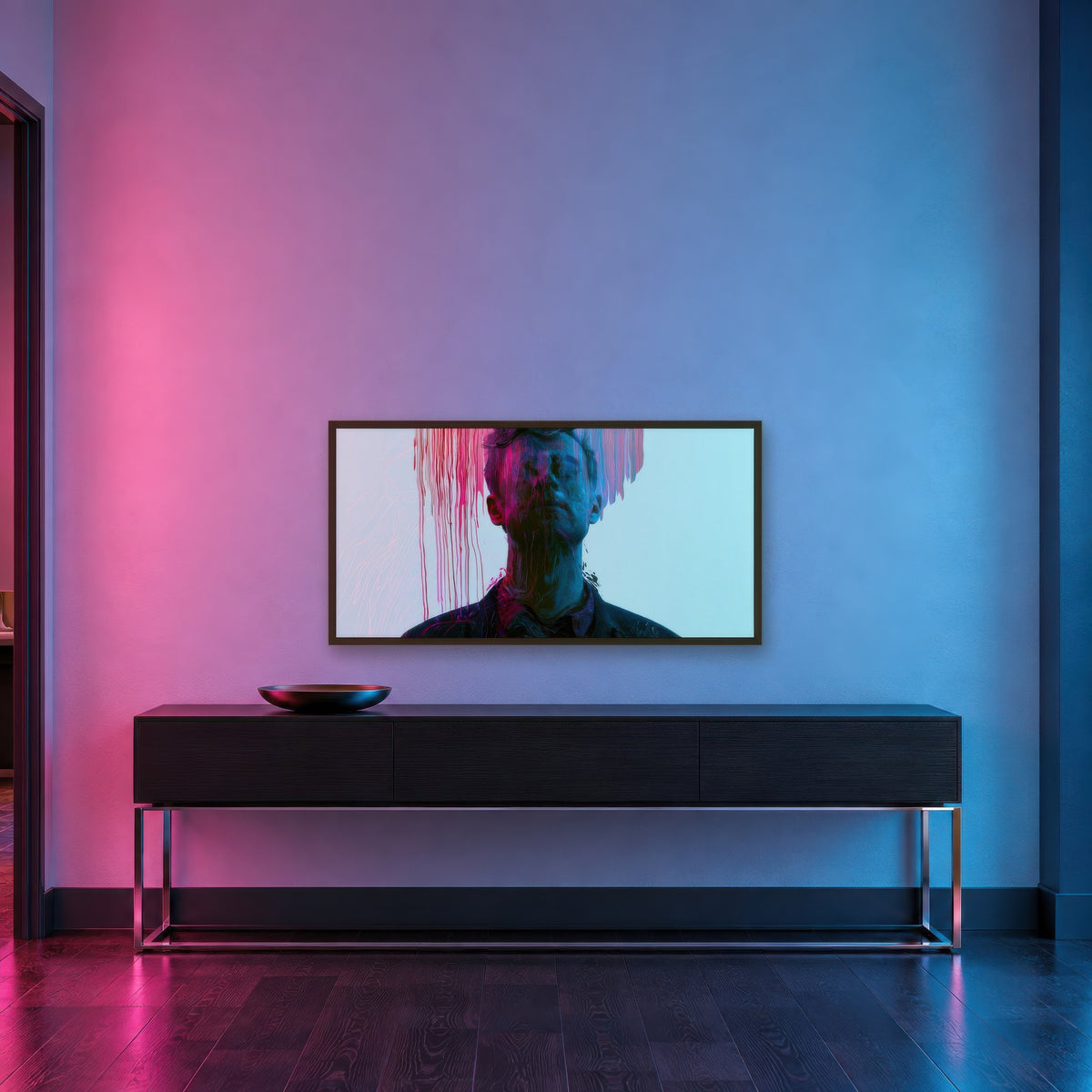 Color Drip Portrait in Pink and Blue abstract portrait wall art in an entryway