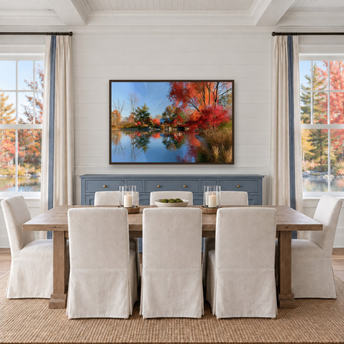 Autumn Lake Reflection impressionist wall art in a dining room