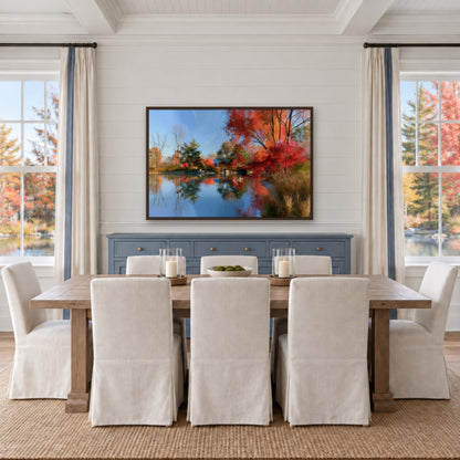 Autumn Lake Reflection impressionist wall art in a dining room