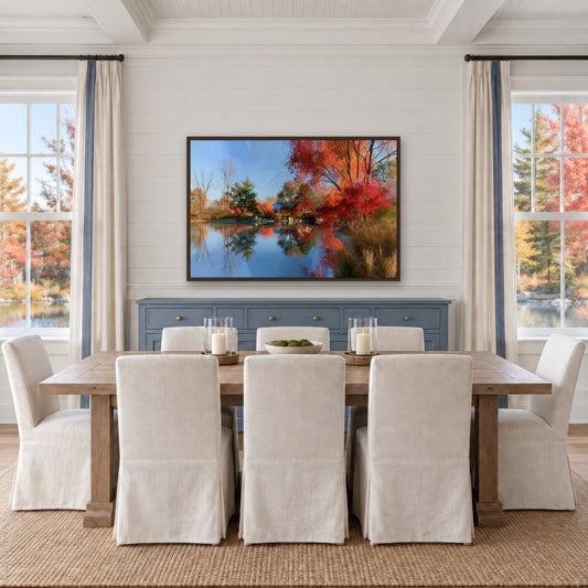 Autumn Lake Reflection impressionist wall art in a dining room
