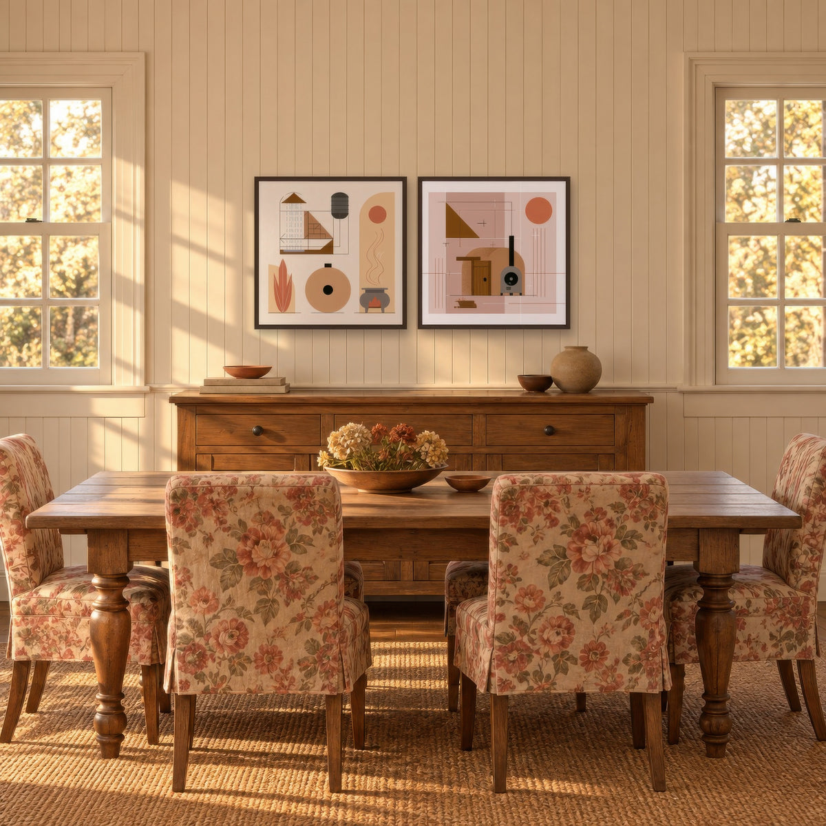 Pastel Geometric Study cottagecore wall art in a dining room