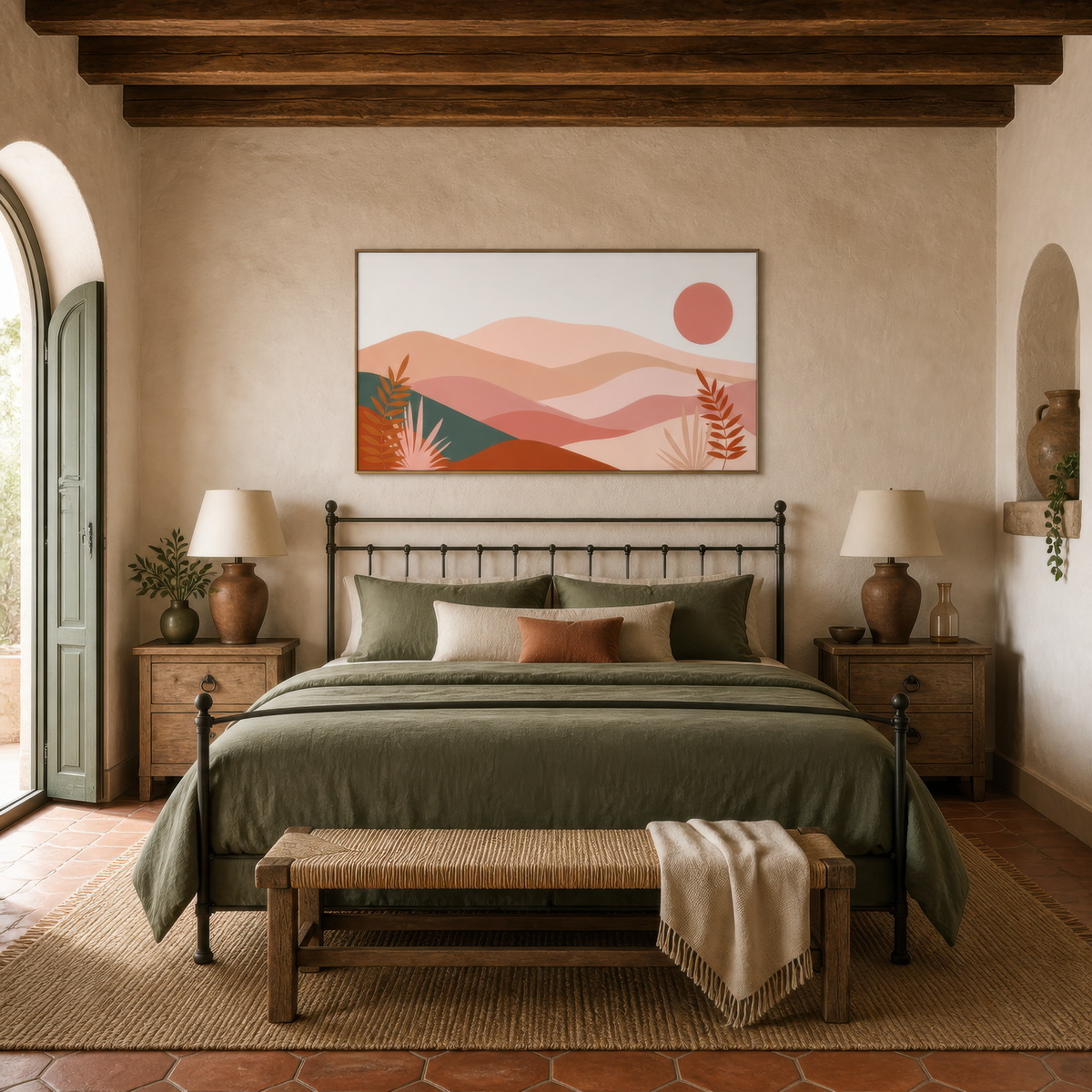 Pink desert hills abstract above an iron bed with green bedding and two bedside lamps