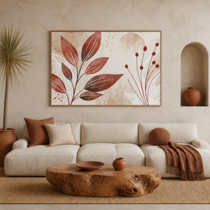Terracotta leaves and berries artwork above a cream sofa with a rust throw and a live-edge table